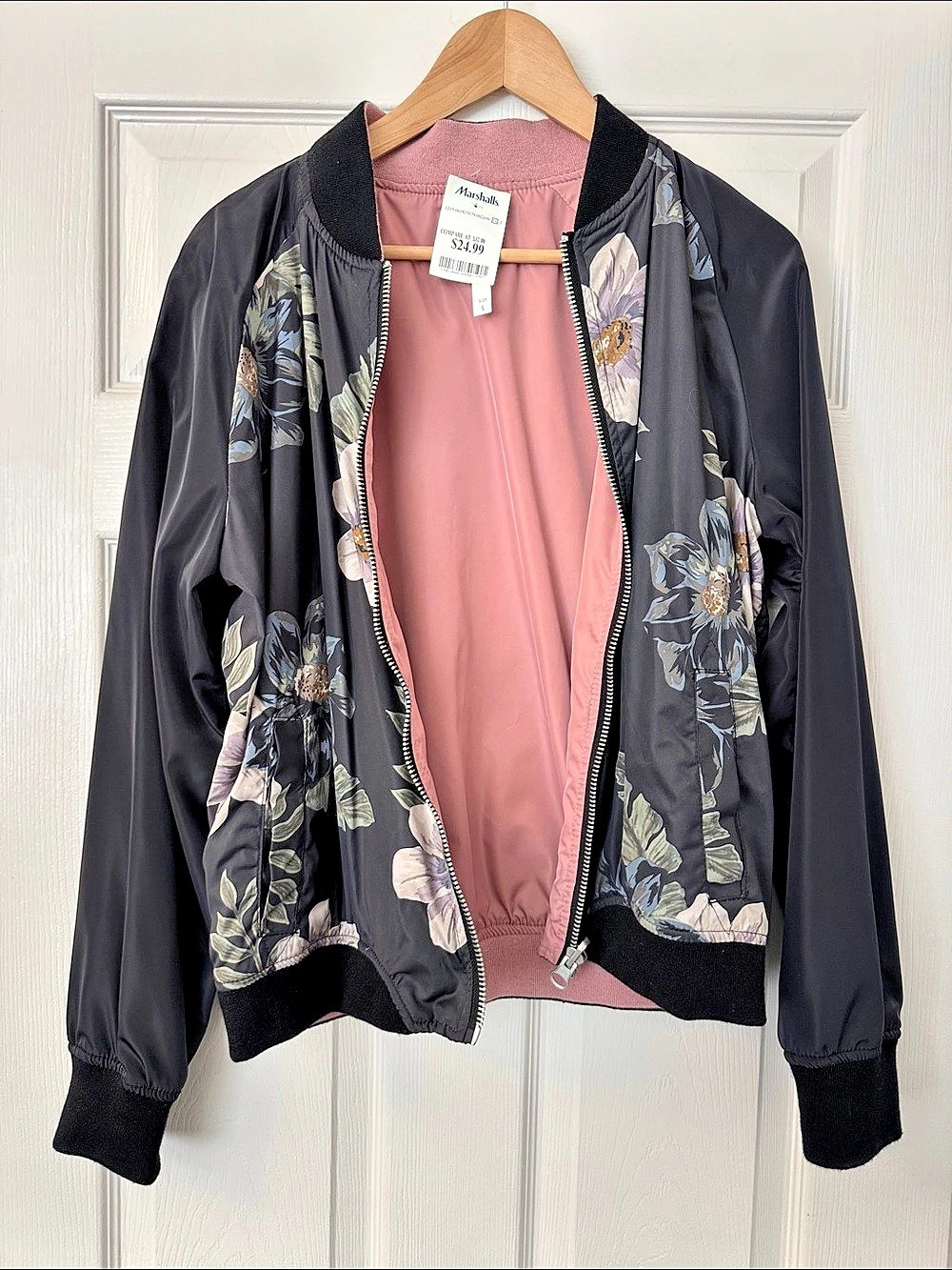 Thread & Supply Reversible Floral Bomber Jacket in Black & Mauve/pink